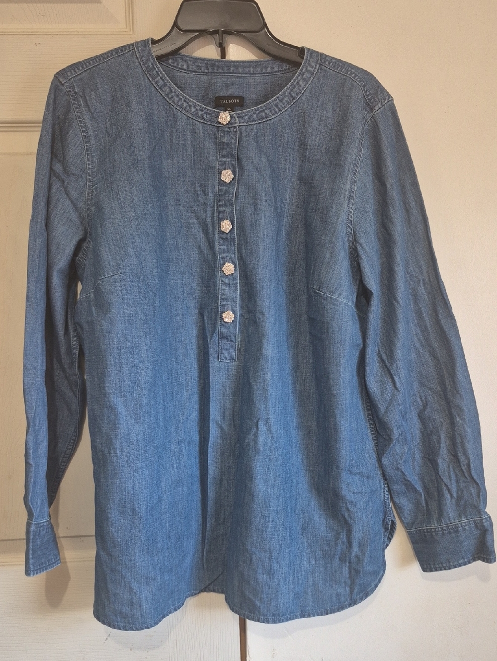 Talbots Girls' Denim Henley Top in Blue with Floral Buttons
